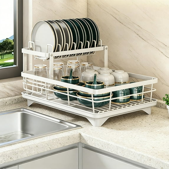 Dish Drying Rack Carbon Steel 2 Tier Draining Rack, Bowl Plate Chopstick Storage with Water Drain Tray, Countertop Dish Organizer for Kitchen Sink and Counter