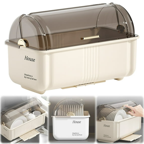 Dish Drying Rack with Cover & Drainboard,Covered Drying Rack for Plate Cup Bottle Tray Nursing Bowls,Drawer-Type Bowl Dryer Rack with Lid for Kitchen Cutlery Storage (Beige,17.32*9.06*10.63 Inch)
