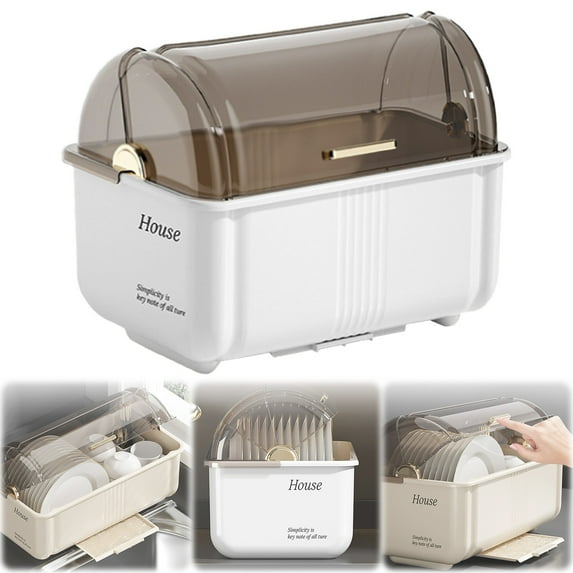 Dish Drying Rack with Cover & Drainboard,Covered Drying Rack for Plate Cup Bottle Tray Nursing Bowls,Drawer-Type Bowl Dryer Rack with Lid for Kitchen Cutlery Storage (White,13.39*9.06*10.63 Inch)