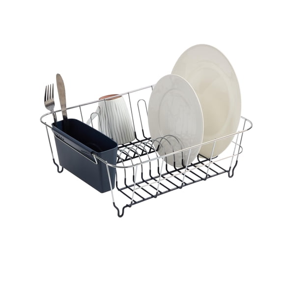 Dish Drying Rack & Cutlery Holder 2 Piece Set - Compact Sink-Fitting Dish Drainer with Rubberized Undercoating, Space-Saving Kitchen Organizer for Plates, Cups, Bowls & Utensils in Sink, Silver