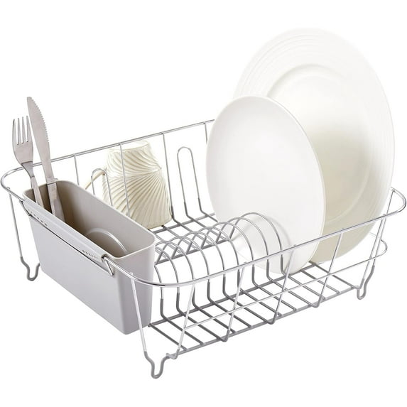Dish Drying Rack & Cutlery Holder 2 Piece Set - Compact Sink-Fitting Dish Drainer with Rubberized Undercoating, Space-Saving Kitchen Organizer for Plates, Cups, Bowls & Utensils In Sink, Silver