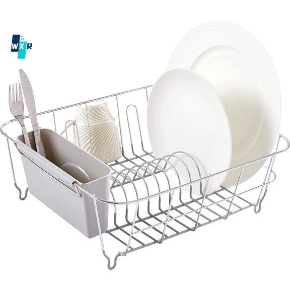 Dish Drying Rack & Cutlery Holder 2 Piece Set - Compact Sink-Fitting Dish Drainer with Rubberized Undercoating, Space-Saving Kitchen Organizer for Plates, Cups, Bowls & Utensils in Sink, Silver