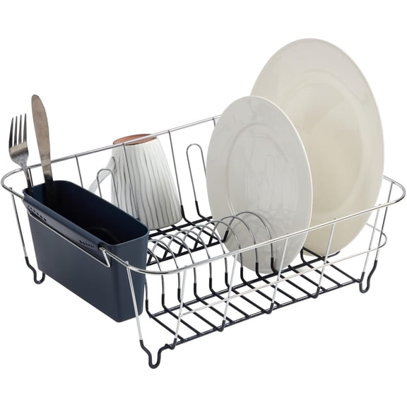 Dish Drying Rack & Cutlery Holder 2 Piece Set  Compact Sink-Fitting Dish Drainer with Rubberized Undercoating  Space-Saving Kitchen Organizer for Plates, Cups, Bowls & Utensils In Sink, Navy