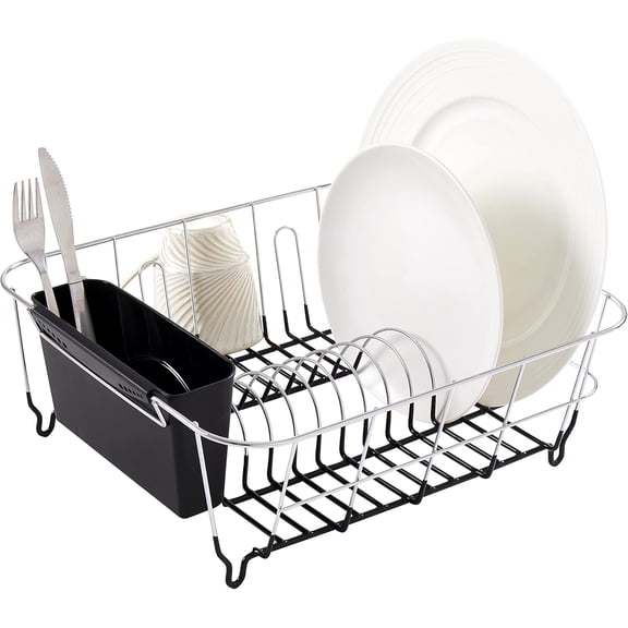 Dish Drying Rack & Cutlery Holder- Compact Sink-Fitting Dish Drainer with Rubberized Undercoating, Space-Saving Kitchen Organizer for Plates, Cups, Bowls & Utensils in Sink, Silver