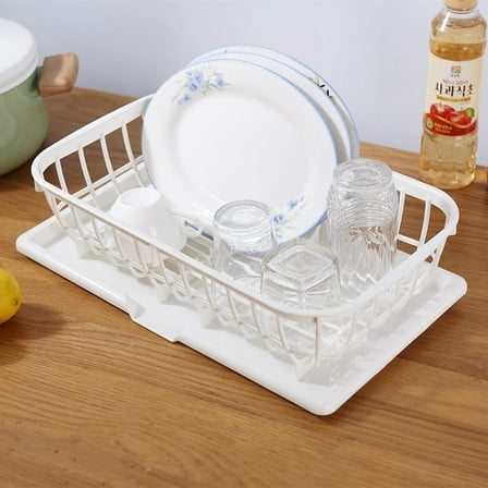 MERRYHAPY White Plastic Dish Drying Rack Kitchen Storage Organizer with Drain Board, and Space-Saving