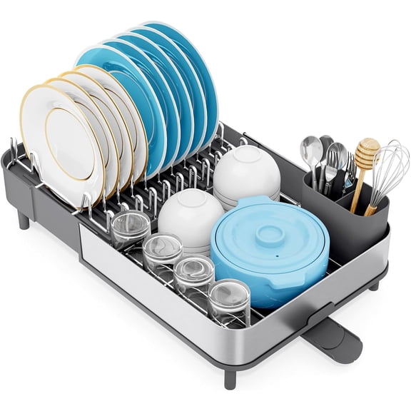 Grey Dish Drying Rack - Dish Drainer for Kitchen Counter, Stainless Steel Dish Rack with Swivel Draining Spout & Drain Board, Expandable Space Saving Kitchen Dish Organizer for 3-4 People
