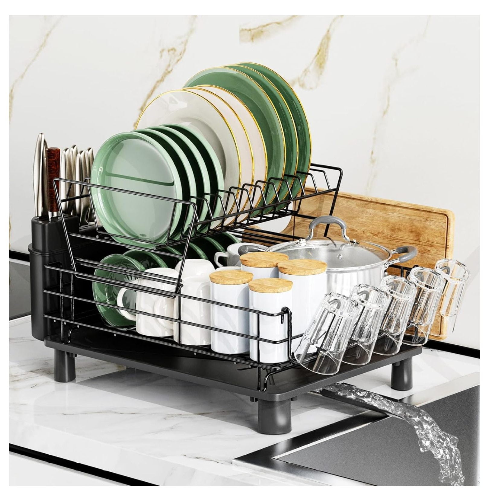 Dish Drying Rack,Dish Drainer for Kitchen Counter with Utensil Holder,2Tier Dish Rack with