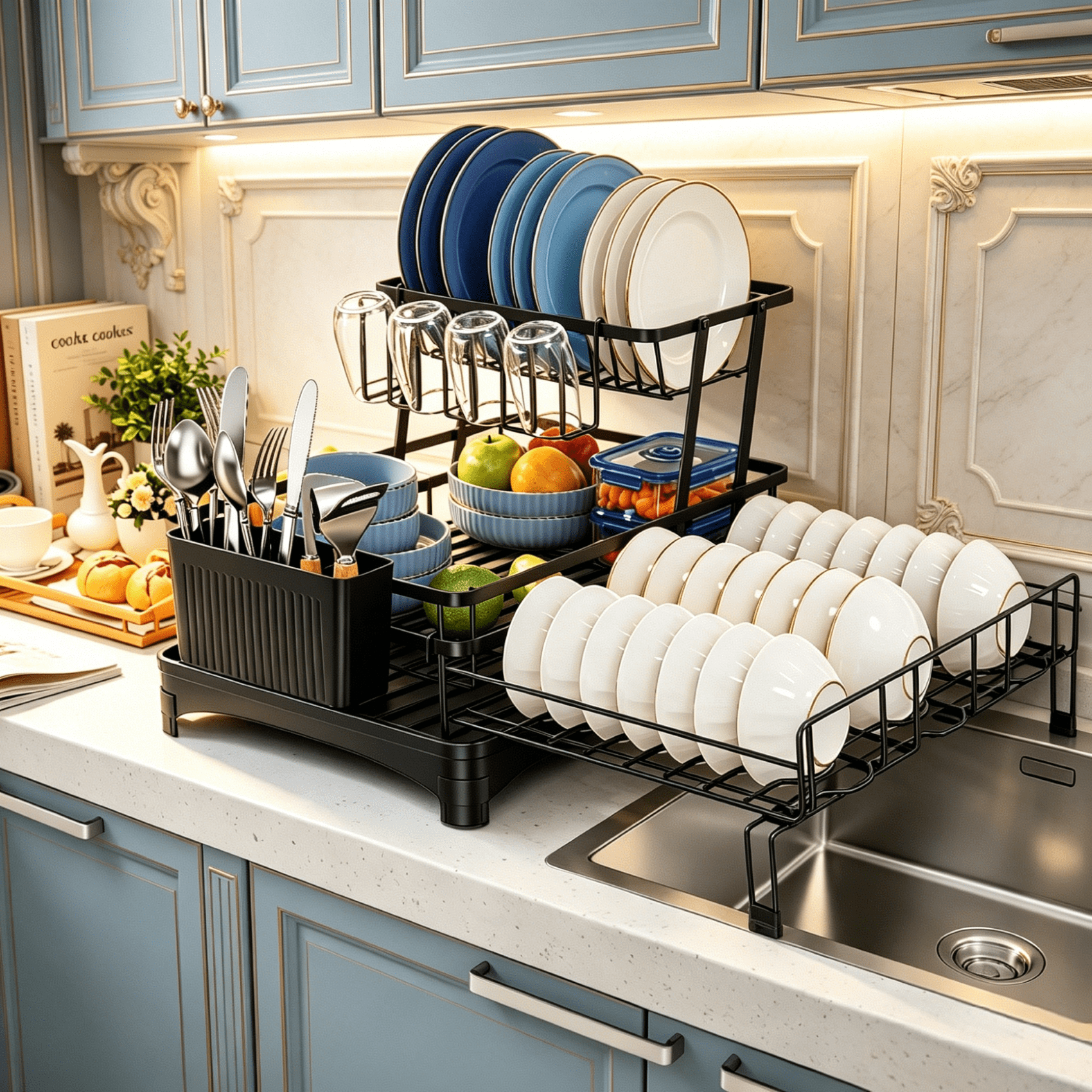 Glovv Dish Racks Kitchen Sink Organizer , 2-Tier Kitchen Organizers and Storage for Kitchen Counter, Over the Sink Dish Drying Rack with Auto Drainage System, Black