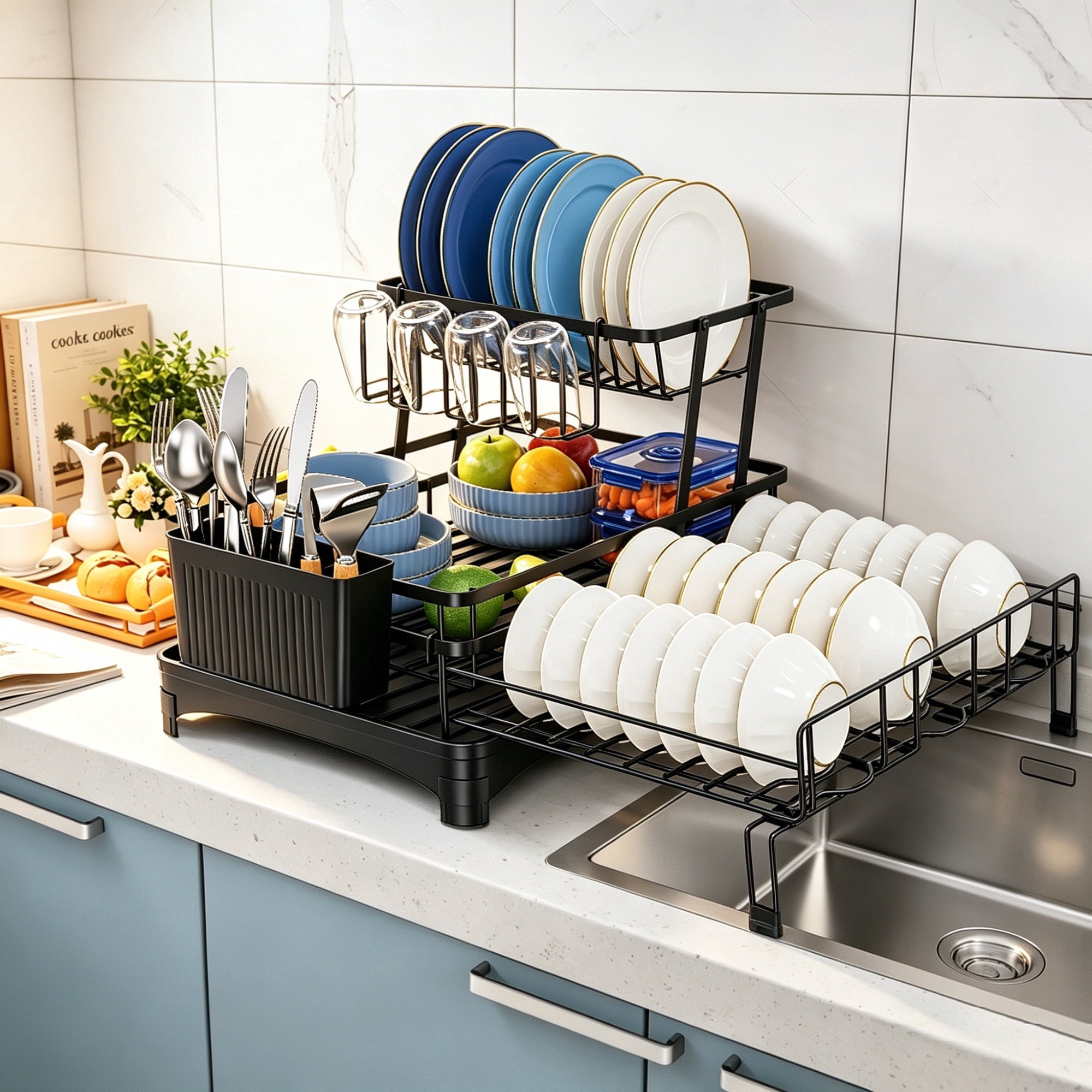 Glovv Over the Sink Dish Drying Rack, 2-Tier Organizers and Storage for Kitchen Counter, Kitchen Sink Organizer with 4 Cup Holders and Drainboard