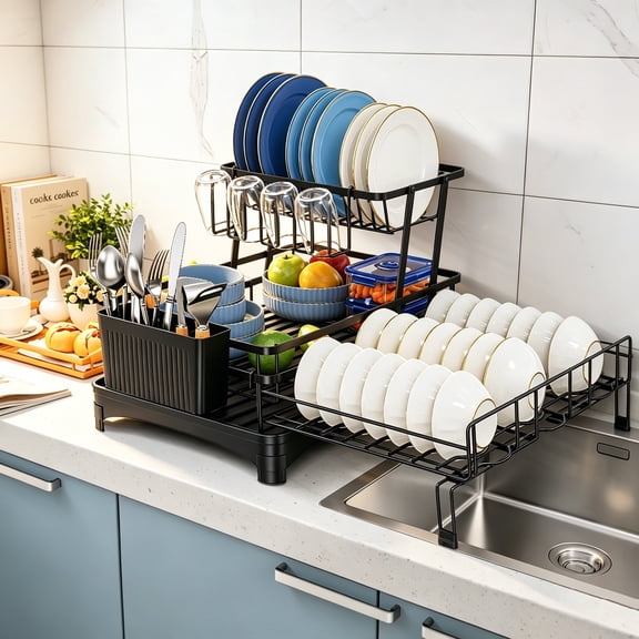 Glovv Over the Sink Dish Drying Rack, 2-Tier Organizers and Storage for Kitchen Counter, Kitchen Sink Organizer with 4 Cup Holders and Drainboard