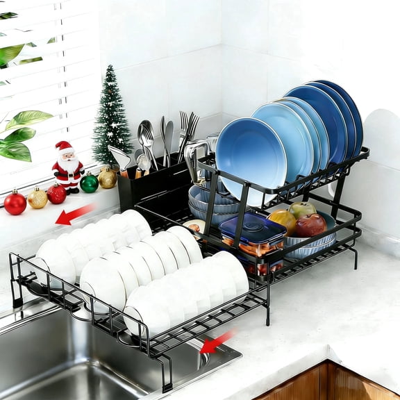 Glovv Over the Sink Dish Drying Rack, 2-Tier Collapsible Dish Racks for Kitchen Counter, Dish Drainer Kitchen Sink Organizer with Auto Drainage System, Black