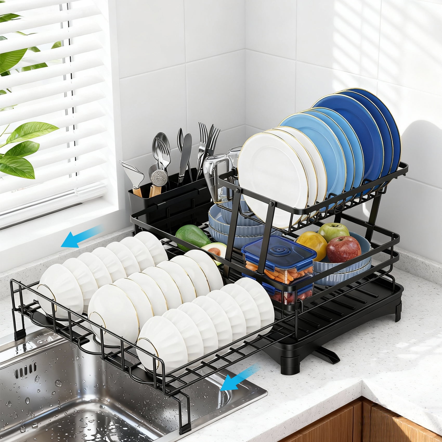 Glovv Over the Sink Dish Drying Rack, 2-Tier Collapsible Dish Racks for Kitchen Counter, Dish Drainer Kitchen Sink Organizer with Auto Drainage System, Black