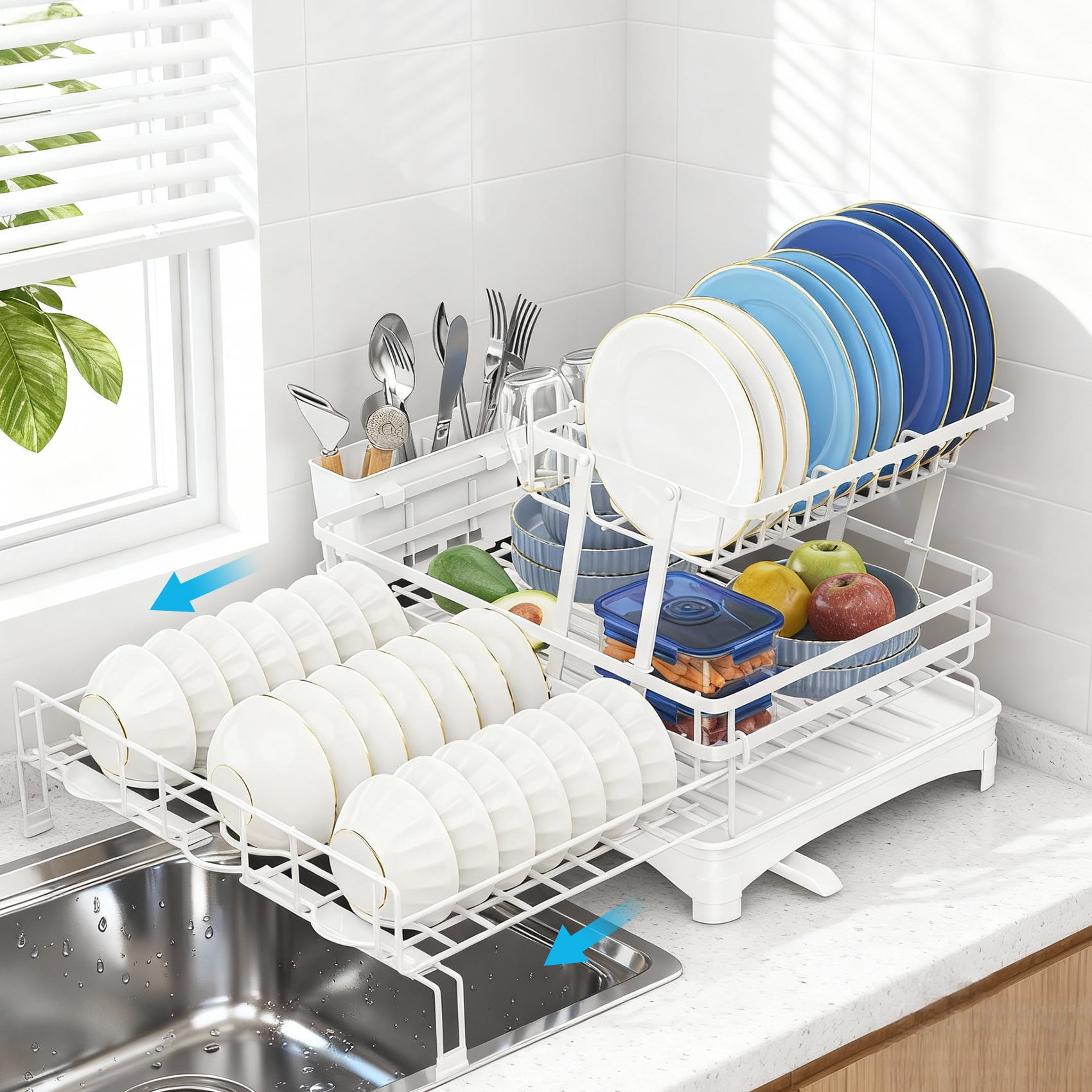 Glovv 2-Tier Collapsible Over the Sink Dish Drying Rack, Kitchen Sink Organizer with Auto Drainage System, Dish Racks for Kitchen Counter with 4 Cup Holders,White