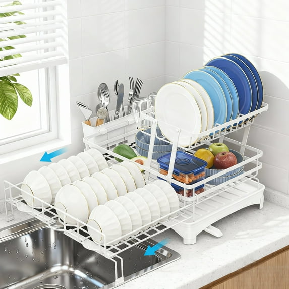 Glovv 2-Tier Collapsible Over the Sink Dish Drying Rack, Kitchen Sink Organizer with Auto Drainage System, Dish Racks for Kitchen Counter with 4 Cup Holders,White