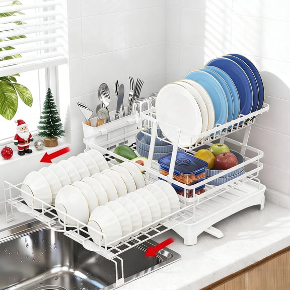 Glovv 2-Tier Collapsible Over the Sink Dish Drying Rack, Kitchen Sink Organizer with Auto Drainage System, Dish Racks for Kitchen Counter with 4 Cup Holders,White