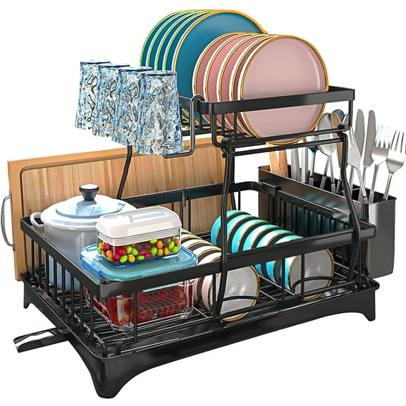 Dish Drying Rack, Dish Rack with Extra Drying Mat, 2-Tier Dish Racks for Kitchen Counter, Kitchen Gadgets with Drainboard & Utensil Hooks, Kitchen Organization & Decor