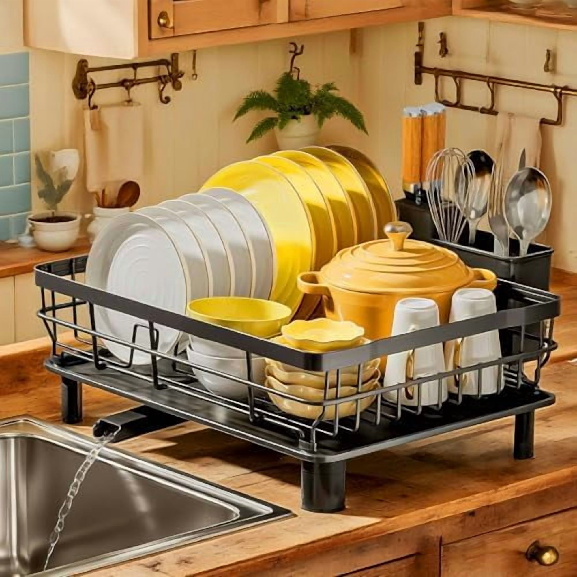 Dish Drying Rack, Dish Rack, Stainless Steel Dish Racks for Kitchen Counter, Dish Drainer with Removable Utensil Holder, Drainboard (Black,13''W x 17''L)