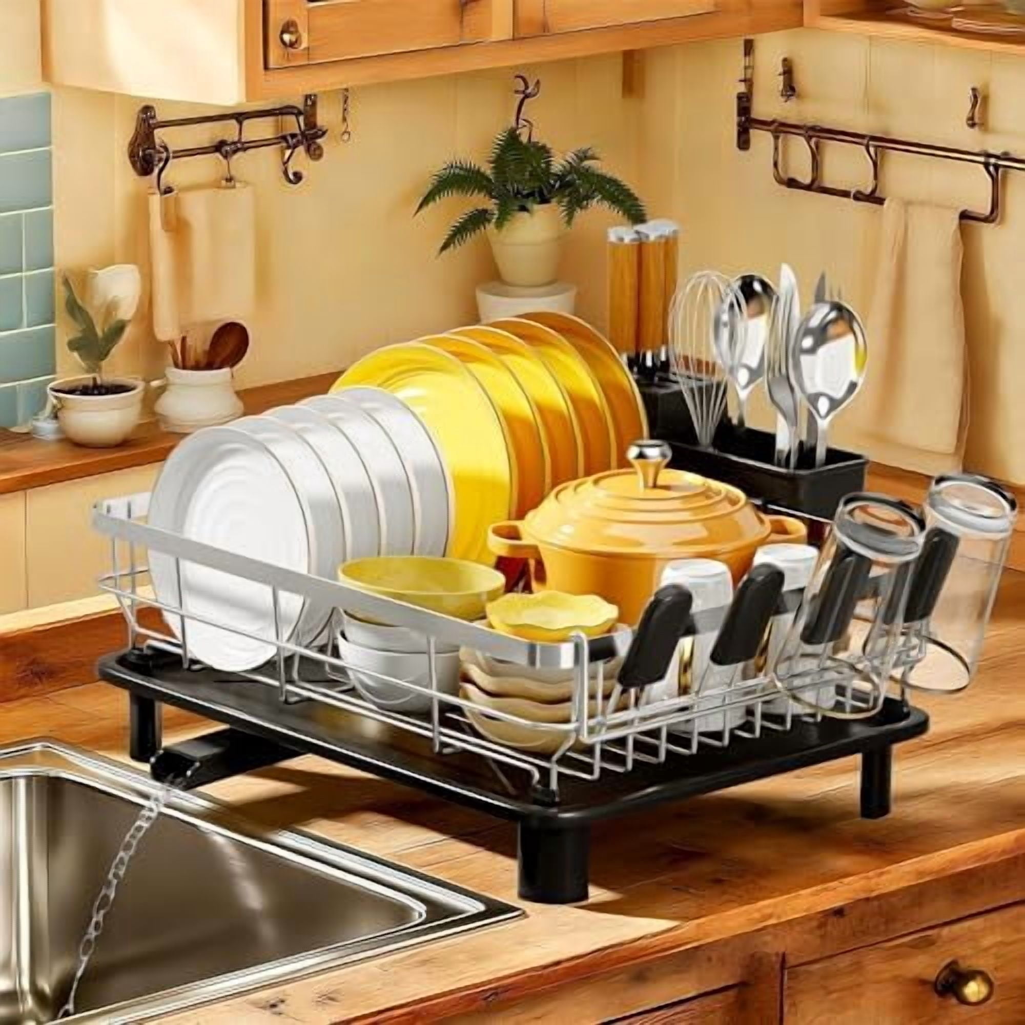 Dish Drying Rack, Dish Rack, Stainless Steel Dish Racks for Kitchen Counter, Dish Drainer with Removable Utensil Holder, Drainboard (Black,Stainless Steel,13''W x 17''L)