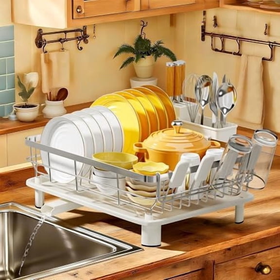 Dish Drying Rack, Dish Rack, Stainless Steel Dish Racks for Kitchen Counter, Dish Drainer with Removable Utensil Holder, Drainboard (White,Stainless Steel,13''W x 17''L)