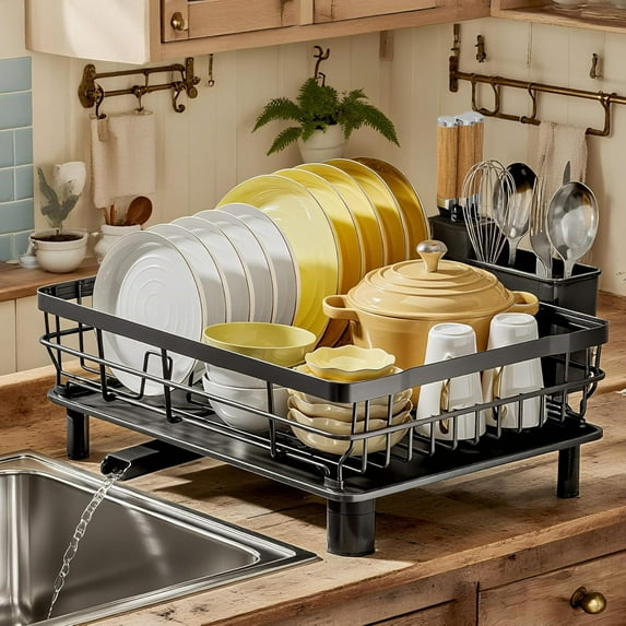 Dish Drying Rack, Dish Rack, Stainless Steel Dish Racks for Kitchen Counter, Dish Drainer with Removable Utensil Holder, Drainboard (Black)
