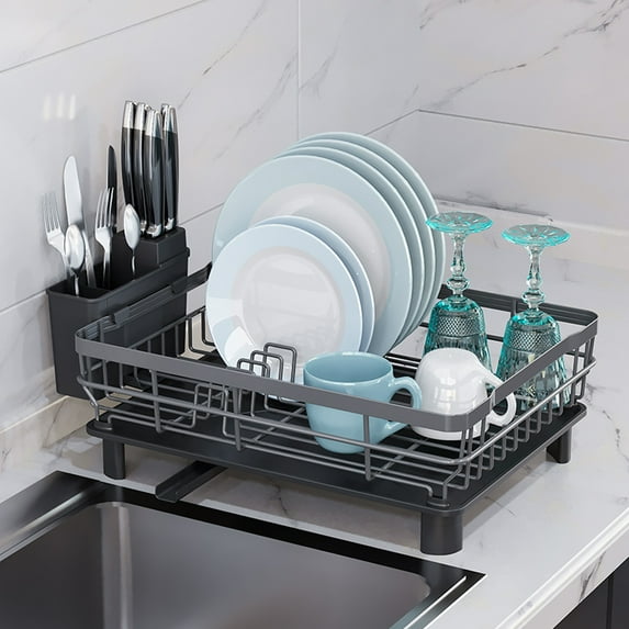 Dish Drying Rack,Dish Racks for Kitchen Counter,Dish Drainer with Removable Utensil Holder,Efficient and Space-saving Kitchen Storage Solution (Black Grey)
