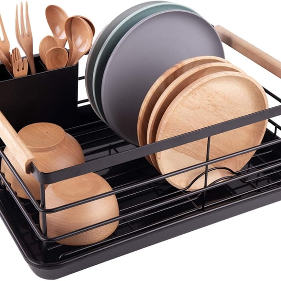 Dish Drying Rack, Dish Racks for Kitchen Counter, Stainless Steel Dish Drainer with Removable Cutlery Holder & Drainboard, Black