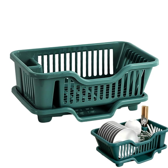 Dish Drying Rack Dish Strainers Cutlery Holder Utensils Holder Dish Rack and Drainaboard Set for Kitchen Countertop Dining Room Restaurant Dark Green