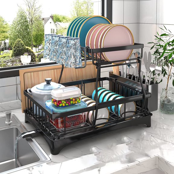 Dish Drying Rack with Drainboard, 2-Tier Dish Racks for Kitchen Counter, Dish Drainer Set with Utensils Holder, Large Capacity Dish Strainers, Space-Saving, 13"x17"x12"
