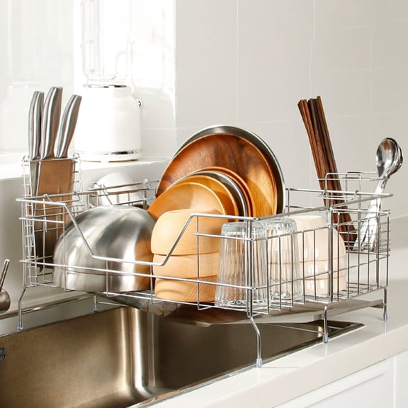 Dish Drying Rack With Drainboard,Expandable 2-in-1 Dish Racks For Kitchen Counter And Sink, Large Dish Drainer With Cup Holder, Utensil Holder, Knife Holder