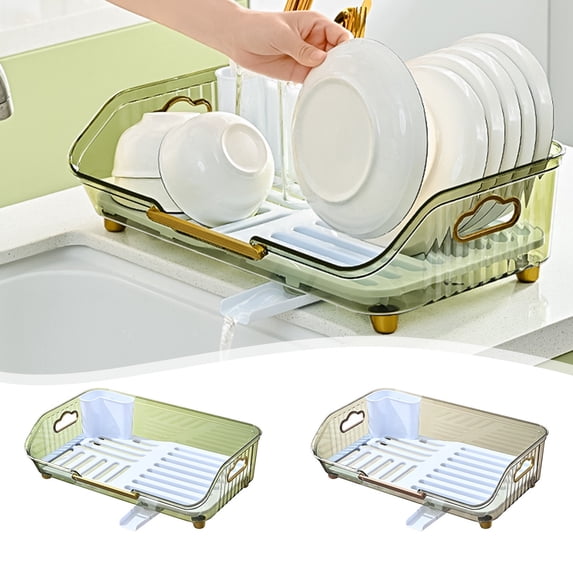 Dish Drying Rack with Drainboard | Expandable Polypropylene Dish Drainer | Fast Drainage Sink Spout | Removable Utensil Holder | Gray/Green | 1 Pc | 43.7x27.5x13cm