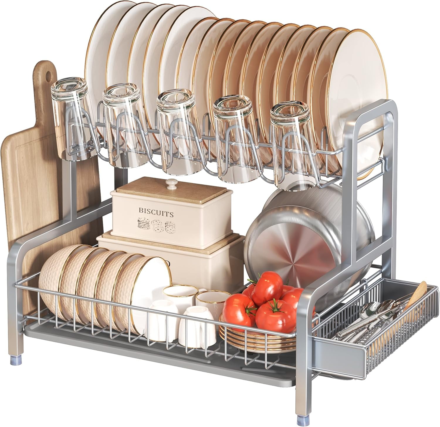 Gray 2-Tier Stainless Steel Dish Drying Rack with Utensil Cup