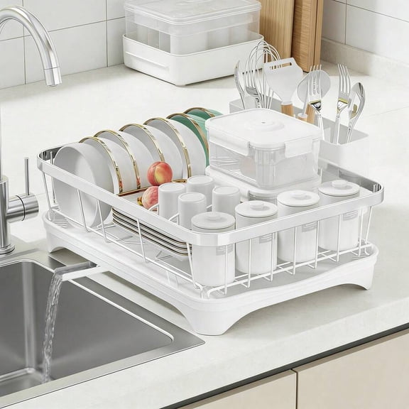 Dish Drying Rack with Drainboard, Stainless Steel Kitchen Organizer for Counter, 2-Tier Large Capacity Dish Drainer with Utensil Holder for Plates Bowls Glasses