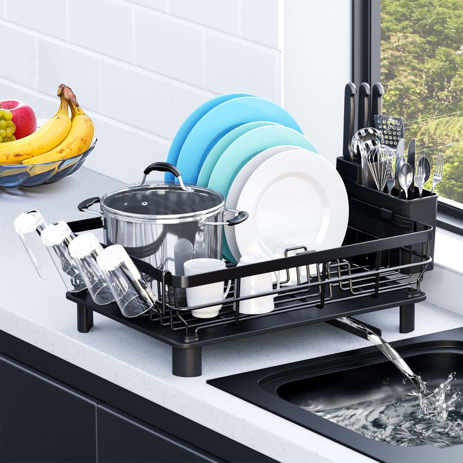 ALSO GO Dish Drying Rack Large Foldable Dish Drainer Rustproof Metal Dish Rack with Utensil Holder Cup Holder Space Saving Dish Drying Rack for