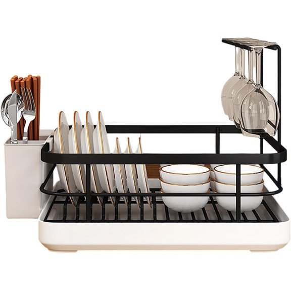 Dish Drying Rack with Drainer Tray, Metal Dish Rack with Cutlery Holder & Drip Tray, Scratch-Resistant Drying Rack for Kitchen Dish Drainers with Cutlery and Cup Holders(Q)