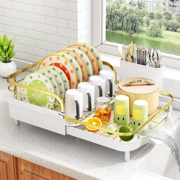 Dish Drying Rack - Expandable Dish Rack for Kitchen Counter, Rust-Resistant Dish Drainer with Utensil Holder and Raised Guardrail, Kitchen Organizer for Cup and Bottle (Gold)