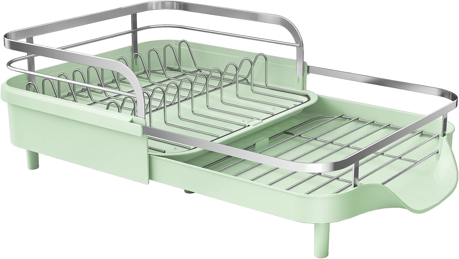 Dish Drying Rack - Expandable Dish Rack for Kitchen Counter, Rust-Resistant Dish Drainer with Utensil Holder and Raised Guardrail, Kitchen Organizer for Cup and Bottle (Green)