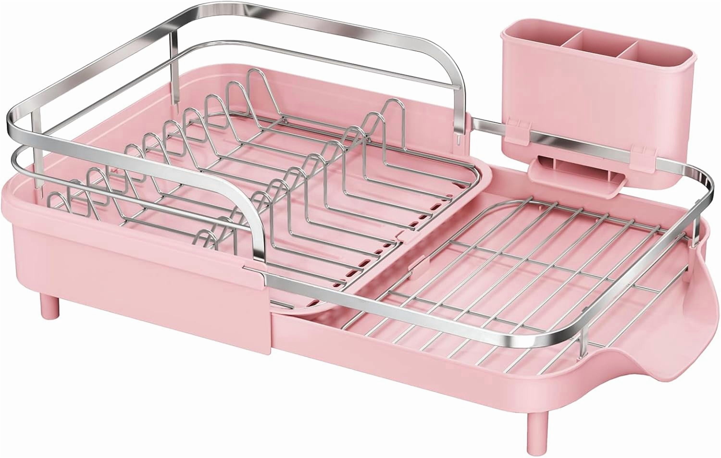 Dish Drying Rack - Expandable Dish Rack for Kitchen Counter, Rust-Resistant Dish Drainer with Utensil Holder and Raised Guardrail, Kitchen Organizer for Cup and Bottle (Pink)