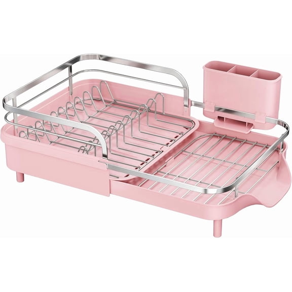 Dish Drying Rack - Expandable Dish Rack for Kitchen Counter, Rust-Resistant Dish Drainer with Utensil Holder and Raised Guardrail, Kitchen Organizer for Cup and Bottle (Pink)