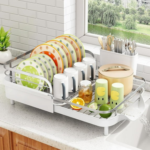 Dish Drying Rack - Expandable Dish Rack for Kitchen Counter, Rust-Resistant Dish Drainer with Utensil Holder and Raised Guardrail, Kitchen Organizer for Cup(White)