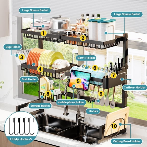 Dish Drying Rack (Expandable Height and Length) Snap-On Design 2 Tier Large Dish Rack (27-40L x 12W x 32.5-37H (inches))