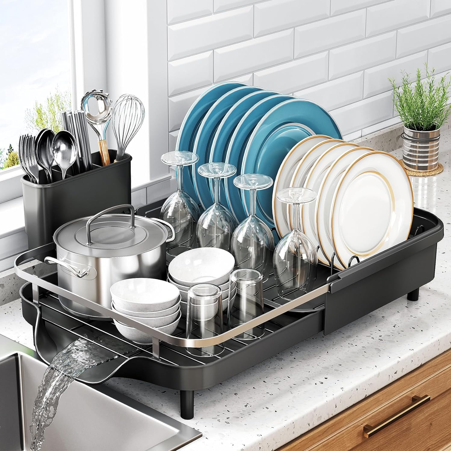 Expandable Black Stainless Steel Dish Drying Rack with Utensil Holder