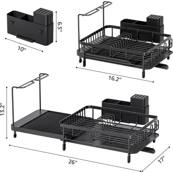 Dish Drying Rack, Expandable Large Capacity Dish Rack with Drainboard, Wine Glasses Holder, Space Saving Dish Drainer, Black