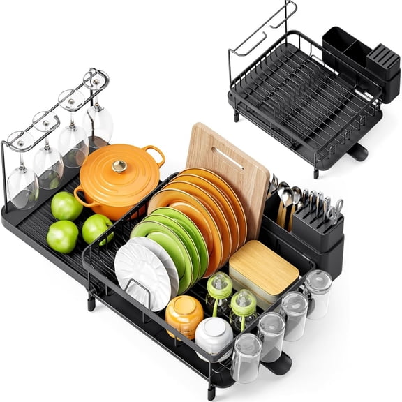 Dish Drying Rack, Expandable Large Capacity Dish Rack with Drainboard, Wine Glasses Holder, Space Saving Dish Drainer, Black