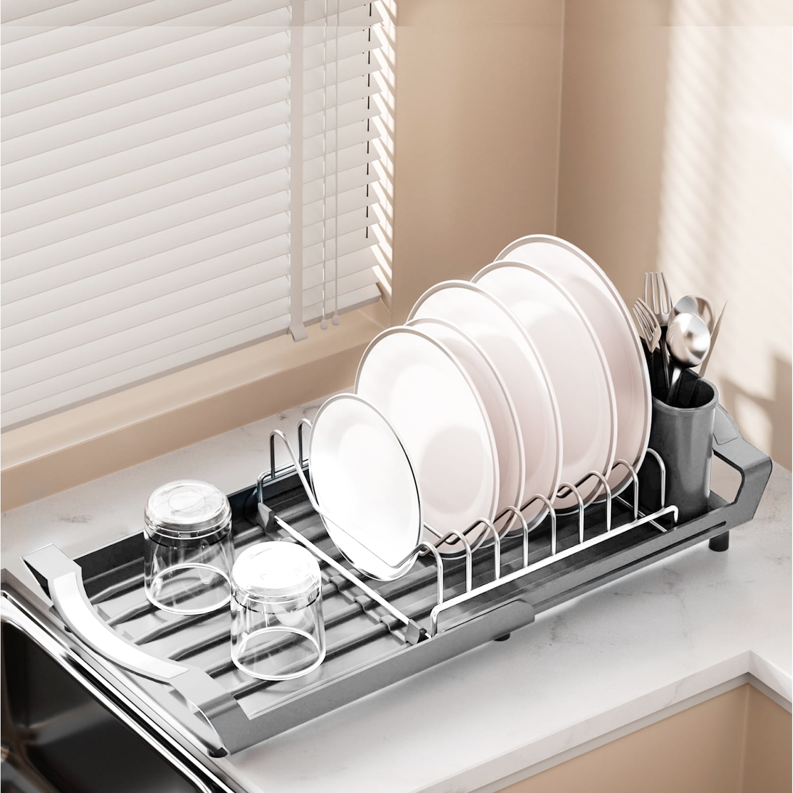 Dish Drying Rack, Extendable Dish Rack, Drying Rack Kitchen,Compact Dish Drainer,Utensil Holder, Cup Holder, Drying Rack for Kitchen Sink