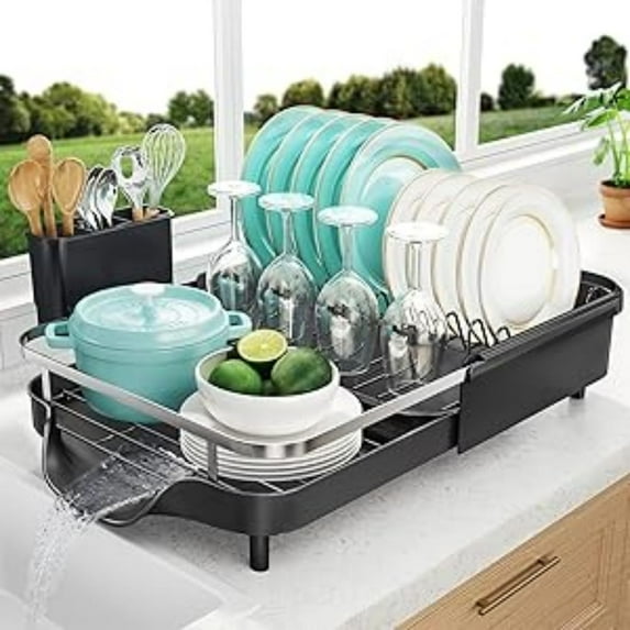 Dish Drying Rack, Extendable Dish Rack for Kitchen Counter, Saving Countertop Space Dish Drainer, Stainless Steel Kitchen Drying Rack with Cutlery Holder, 22.1''L x 12.8''W, Black