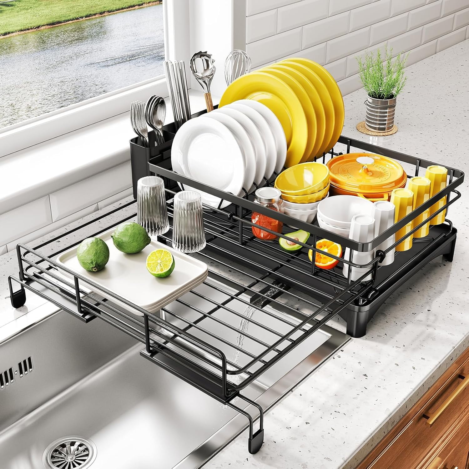 USHARP Wall Mounted Dish Drying Rack - 2 Tier Stainless Steel Dish Drainer With Drainboard & Cutlery Holder, Black (16 Inch)