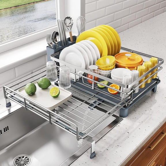 Dish Drying Rack - Extendable Dish Rack, Large Sink Drying Dish Drainer for Kitchen Counter, Stainless Steel Dish Strainer with Utensil Holder ()