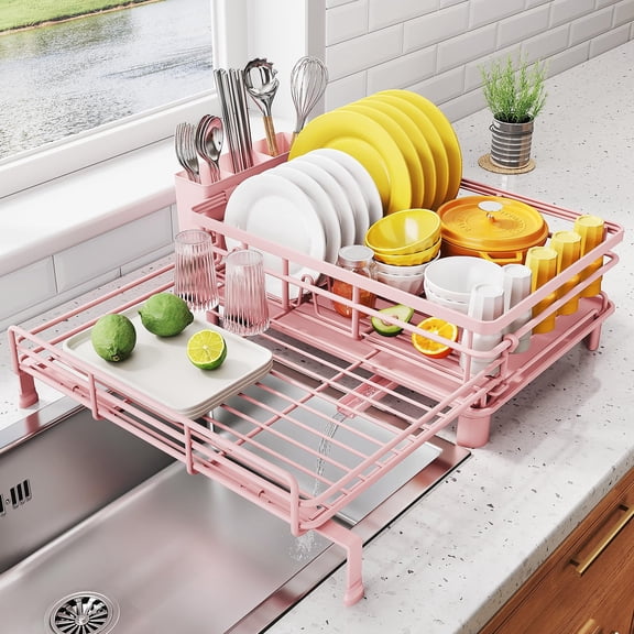 Dish Drying Rack - Extendable Large Sink Drainer For Kitchen Counter Stainless Steel Strainer With Utensil Holder (pink)