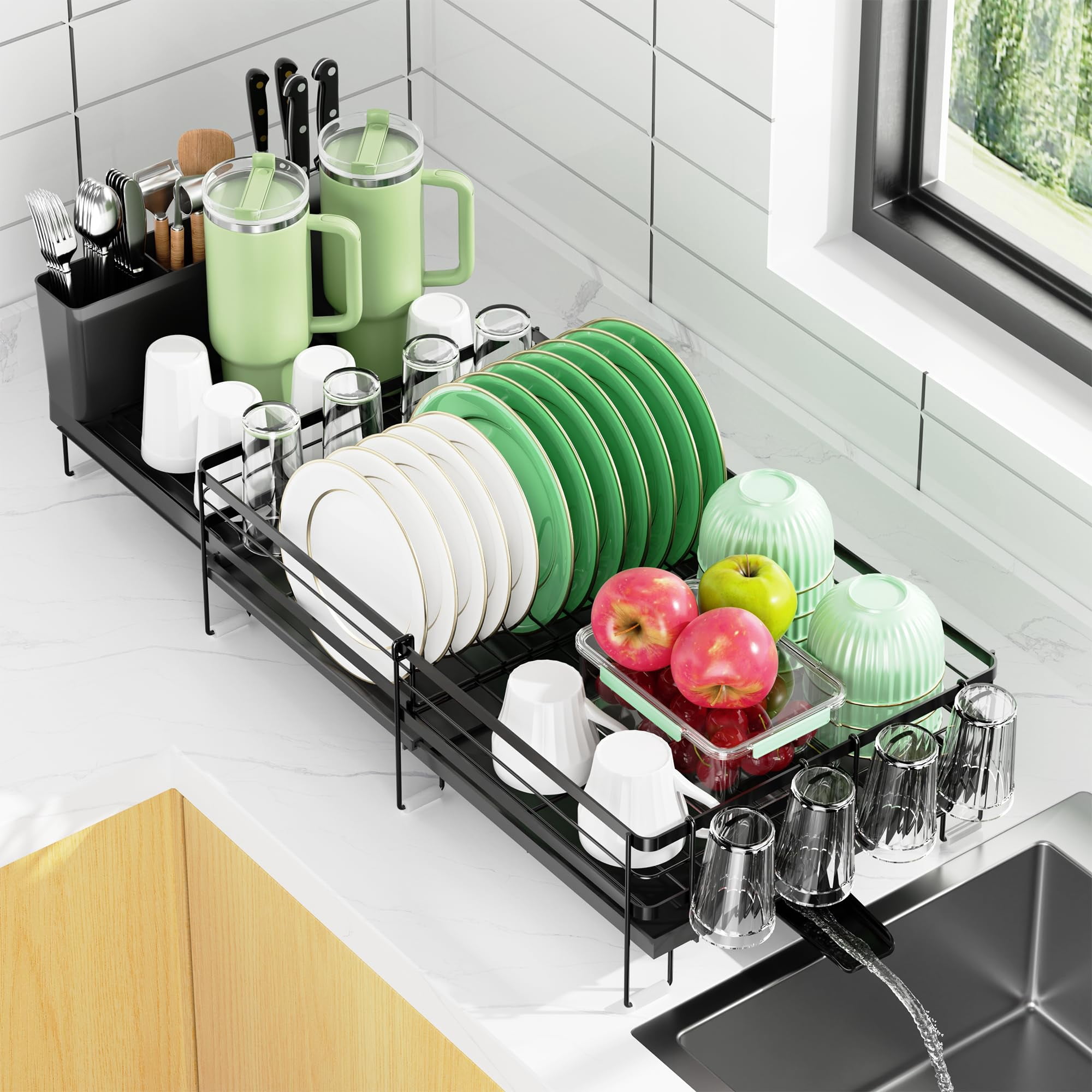 Dish Drying Rack Extendable Stainless Steel Multifunctional Drainer Black-1 Tier