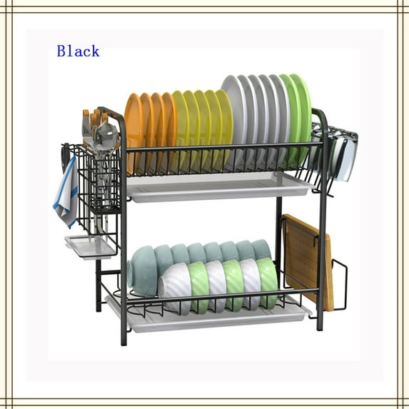 Dish Drying Rack,Fuleadture 2 Tier Kitchen Plate Rack with Drainboard, Utensil Holder, Cup Holder, Cutting Board Holder, Rustproof Dish Drainer for Countertop, Black